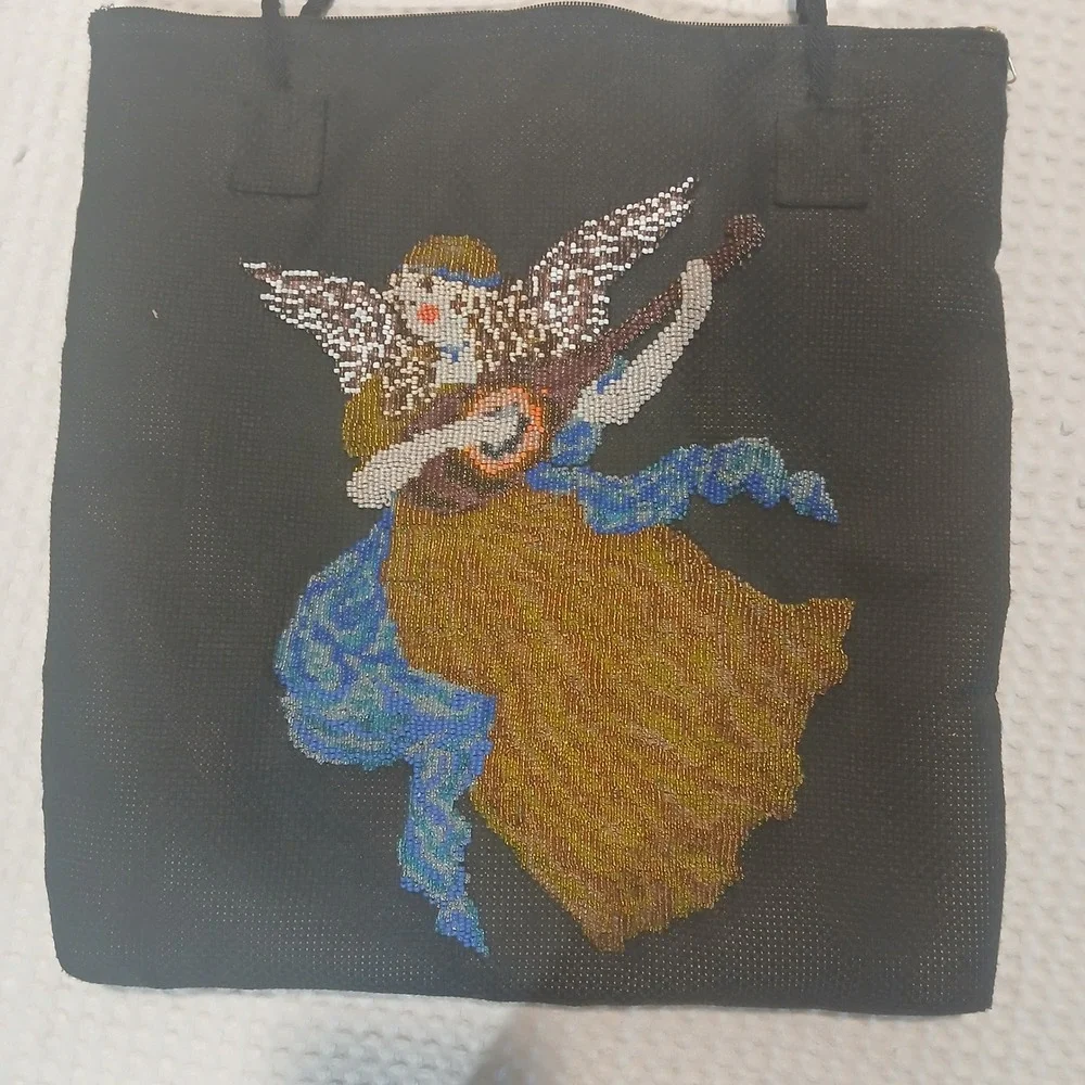 Vintage Beaded Angel Tote Bag Black Canvas Shoulder Bag Folk Art Celestial